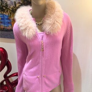 St. John Pink Sweater twinset with fox collar  Large 100% cashmere